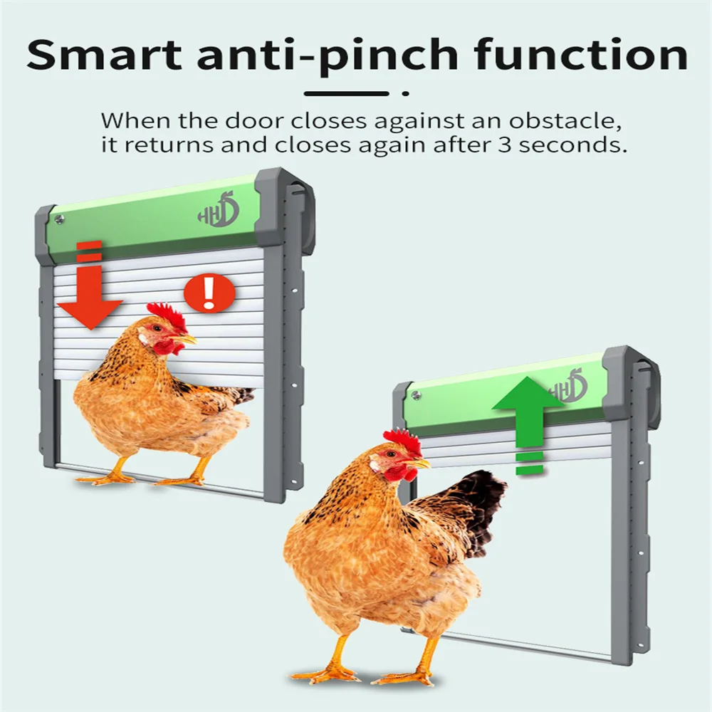 Chicken Door Al Smart Anti-pinch Automatic Solar Powered Chicken Coop Door &Timer Light Sensor 30-40m Remote Control Manual Mode