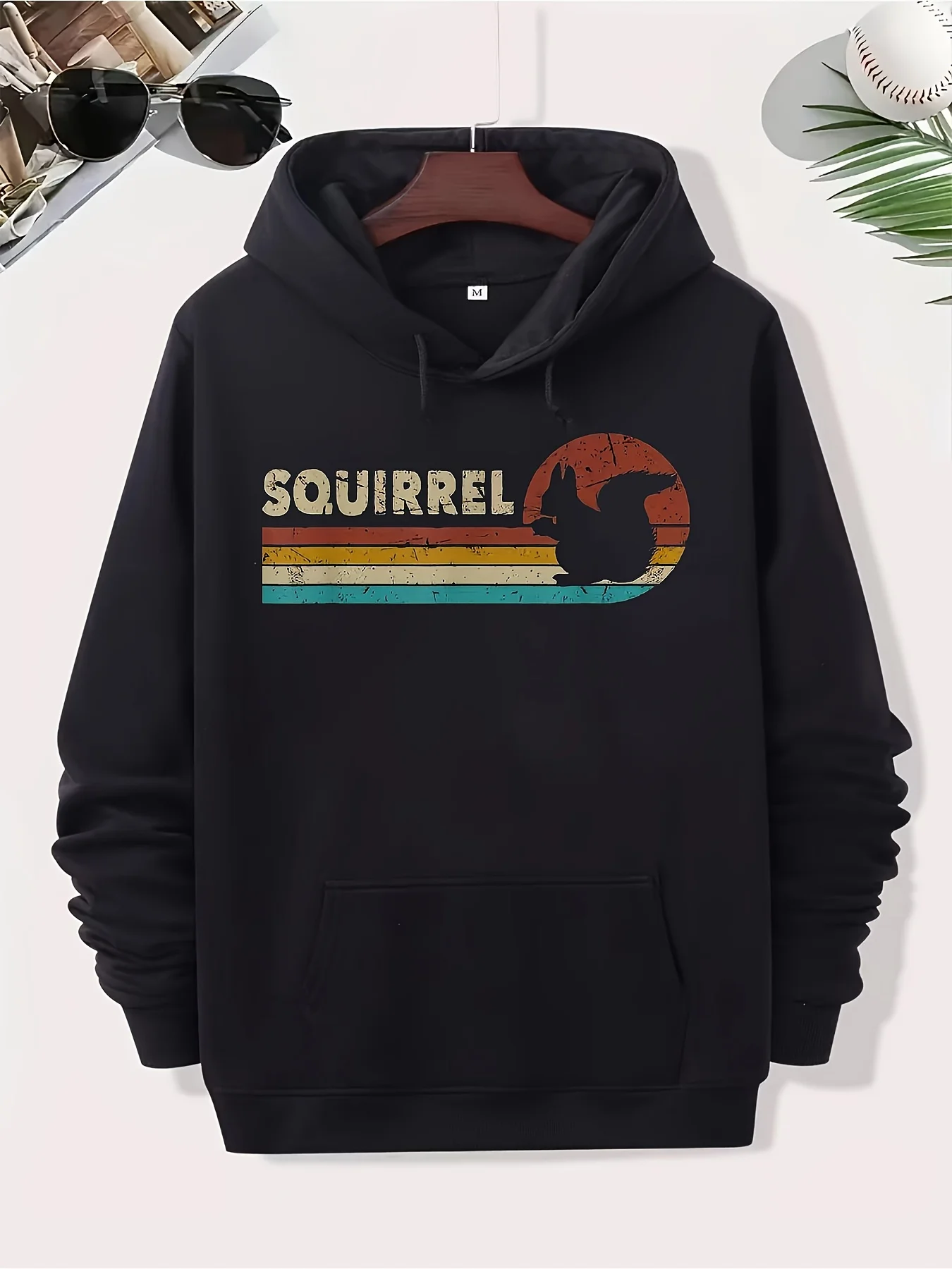 Men's Vintage Retro Hoodie - Black Squirrel Silhouette Sunset Pattern Pullover - Regular Casual - Machine Washable, Urban Classic Black Pullover with Kangaroo Pocket, Blend