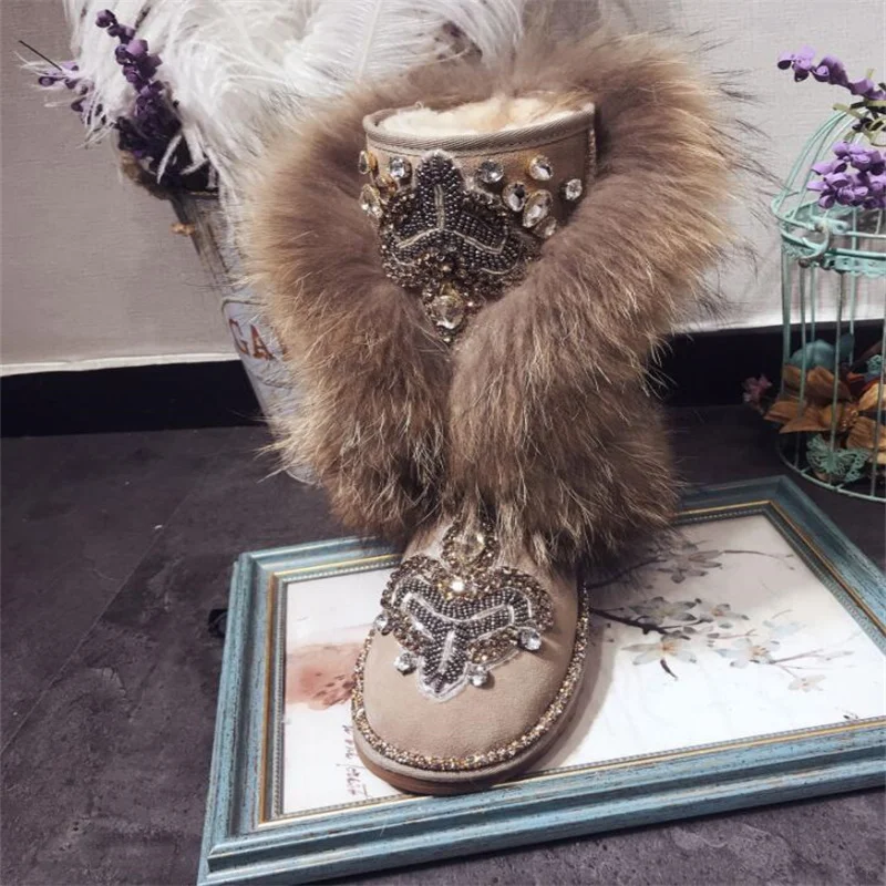 Vintage beaded hand-made fur one-piece boots Rhinestone Brown Winter plus fleece warm fox hair boots Women\'s plus size 35-44