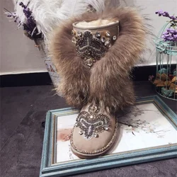 Vintage beaded hand-made fur one-piece boots Rhinestone Brown Winter plus fleece warm fox hair boots Women's plus size 35-44