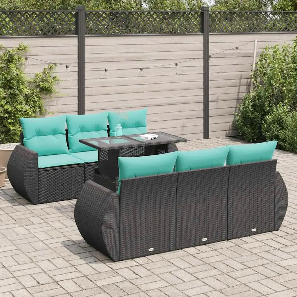 

7 Piece Outdoor Patio Sofa Set with Cushions Black Rattan and Acacia Wood Furniture