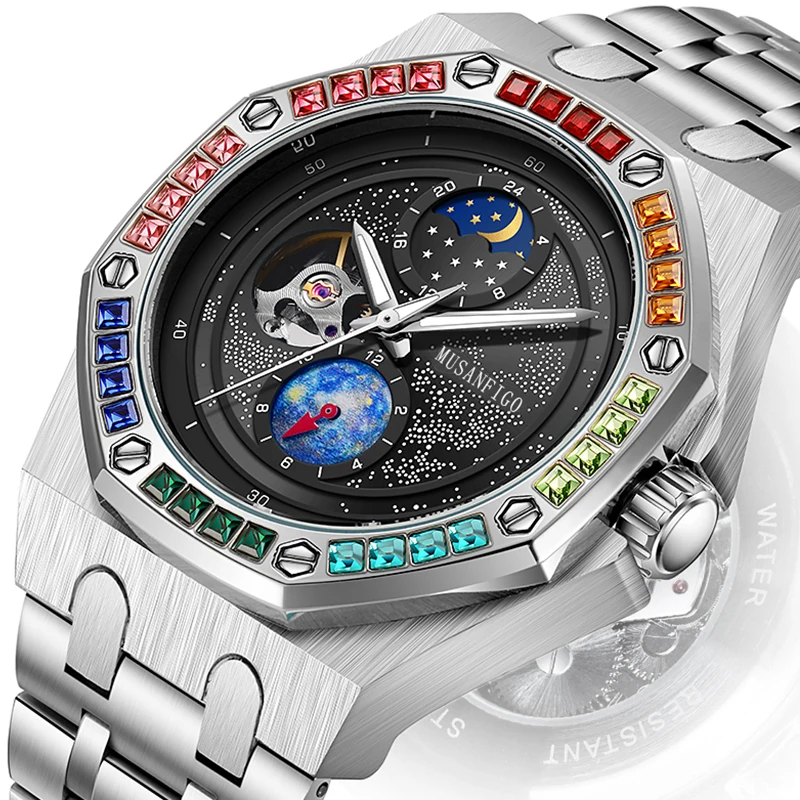 MUSANFIGO Original Men\'s Watch Waterproof Multi functional Fully Automatic Mechanical Watch Moon Phase Star Ocean Watch