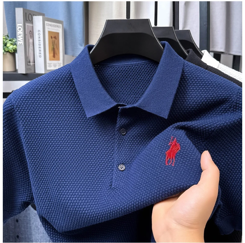 تي شيرت قطني بياقة 2025 صيفي فضفاض للأعمال بأكمام قصيرة وتطريز كاجوال للرجال