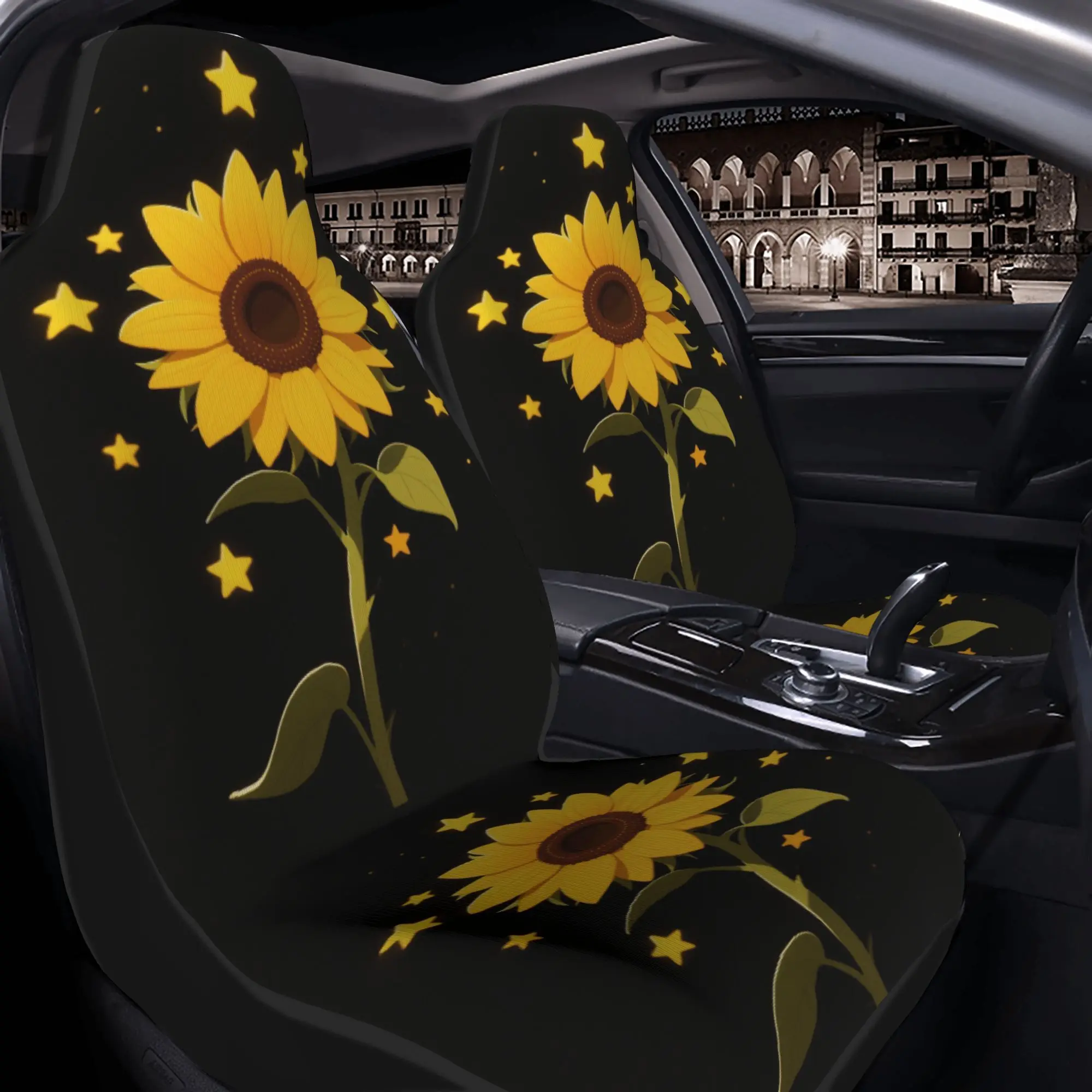 2pcs Sunflower Stars Night Background Car Seat Cover, Breathable And Comfortable Fabric, Fashionable And High End Car Seat Prote
