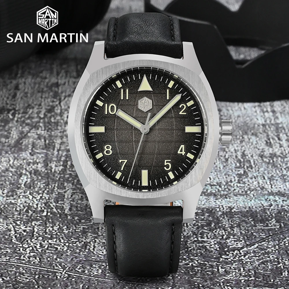 San Martin Original Design 38mm Sport Mens Watch Luxury Men orologio da polso meccanico automatico pressione dell'olio Grid Pattern Dial 10Bar