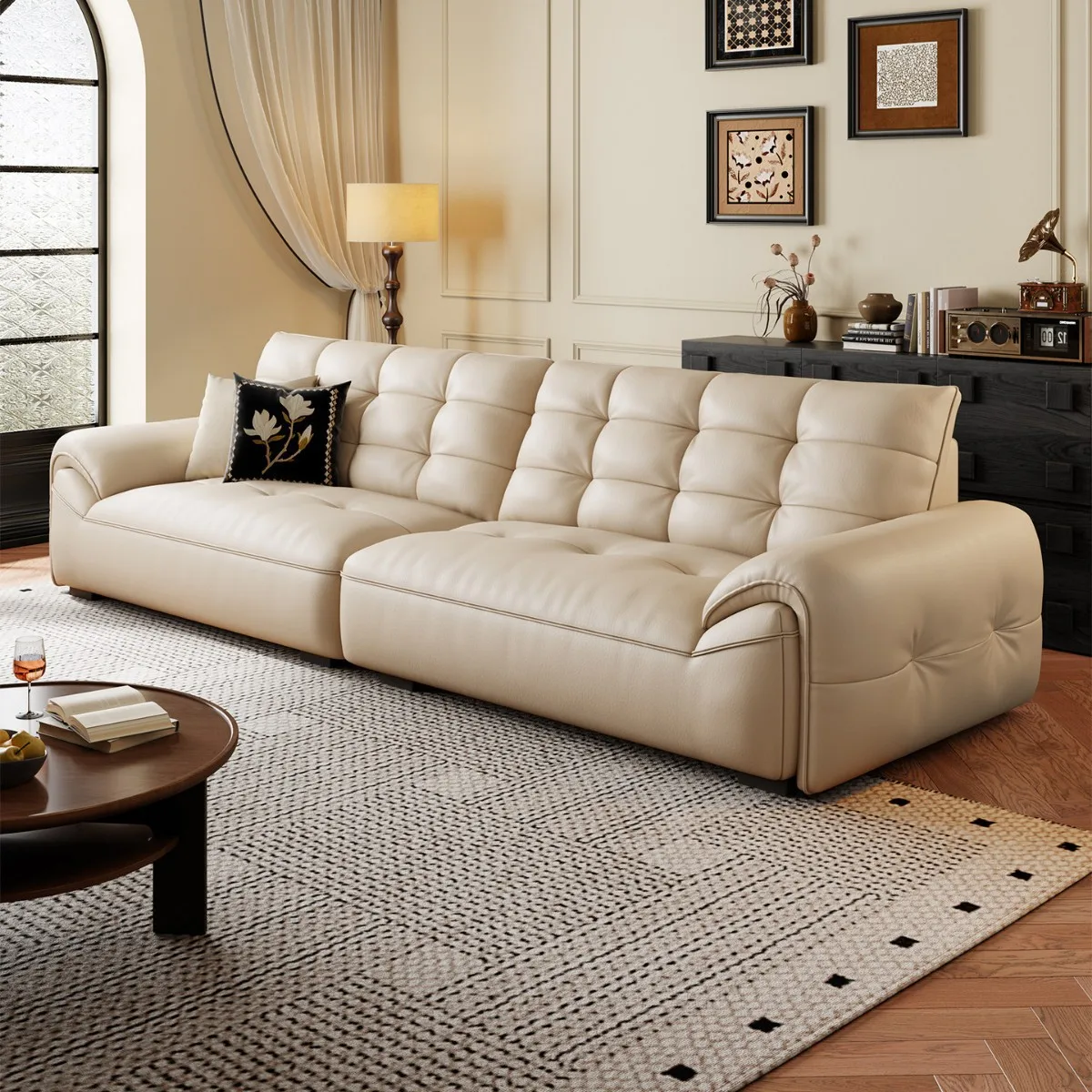 Black first-layer cowhide leather sofa three-person straight row small apartment living room oil wax leather sofa