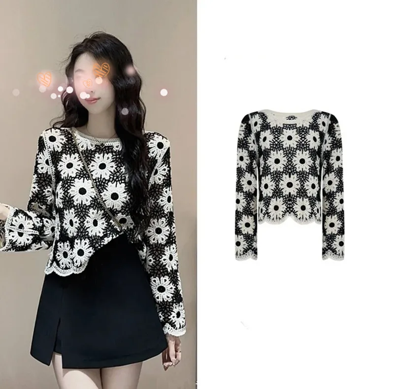 

Chic Hollow Lace Crochet Flower Long-sleeved Knitted Shirt Tops Tees Autumn 2024 Women's Crop Top Y2k Harajuku
