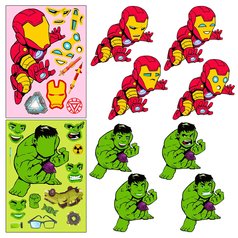 6/12sheets Disney Anime Super Hero Puzzle Stickers Make A Face DIY Cartoon Spider Man Hulk Children Funny Assemble Jigsaw Decals