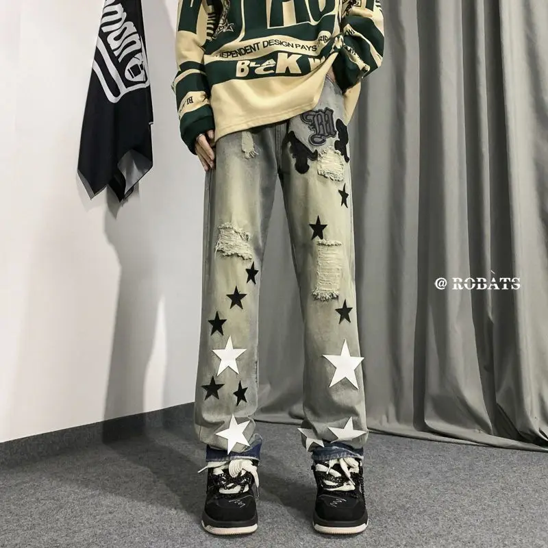 American Street Men and Women Trendy Personalized Five pointed Star Graphic Straight leg Jeans Spring Hip Hop Casual Pants y2k