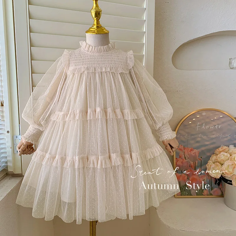 

Платье для девочек, осень 2024, новое детское платье принцессы из иностранного кружева с пышной пряжей для маленьких девочек