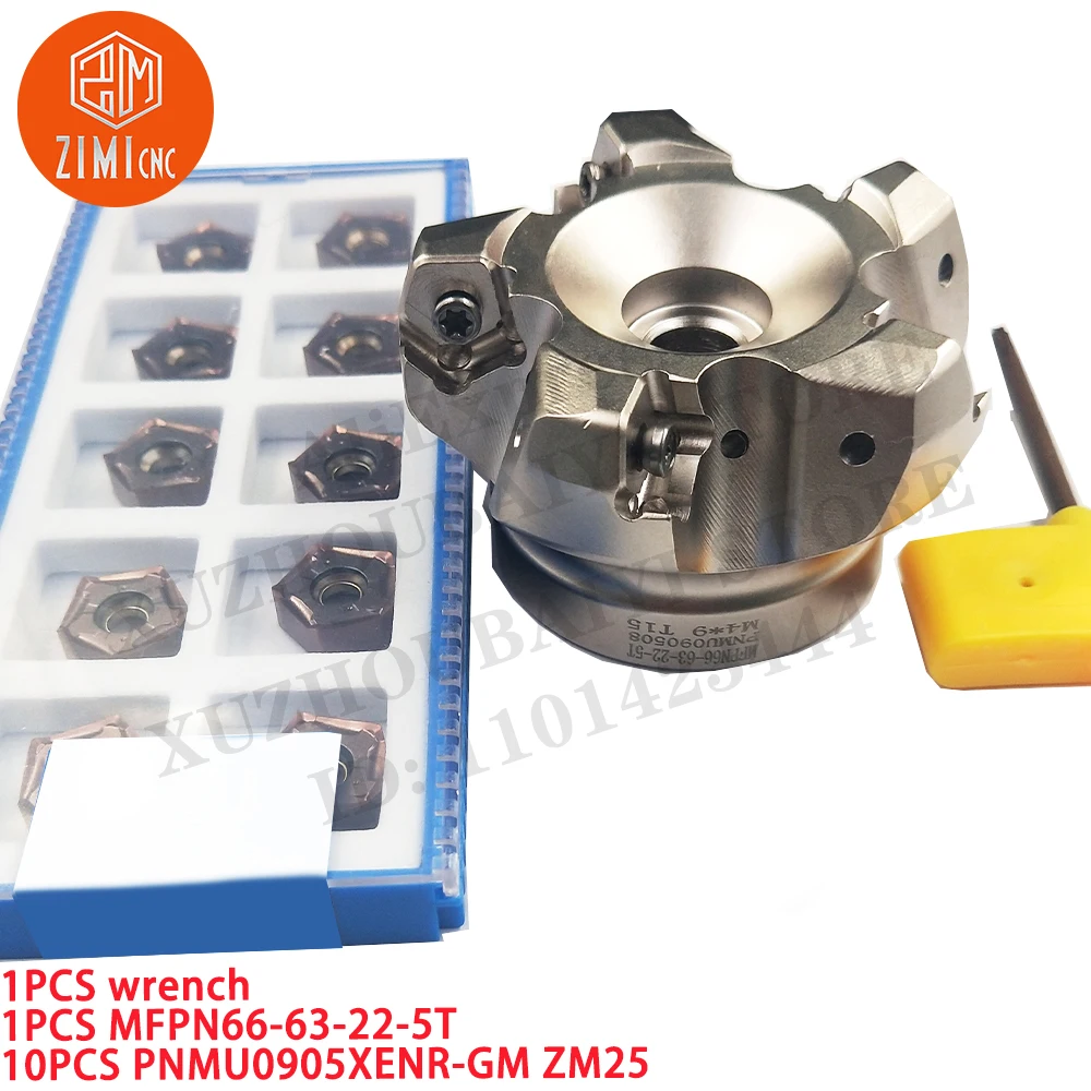 1PC MFPN66-63-22-5T Face Milling Cutter Milling Tool + 10PC PNMU0905XENR-GM ZM25 CNC Tool Carbide Milling insert +  1PC wrench