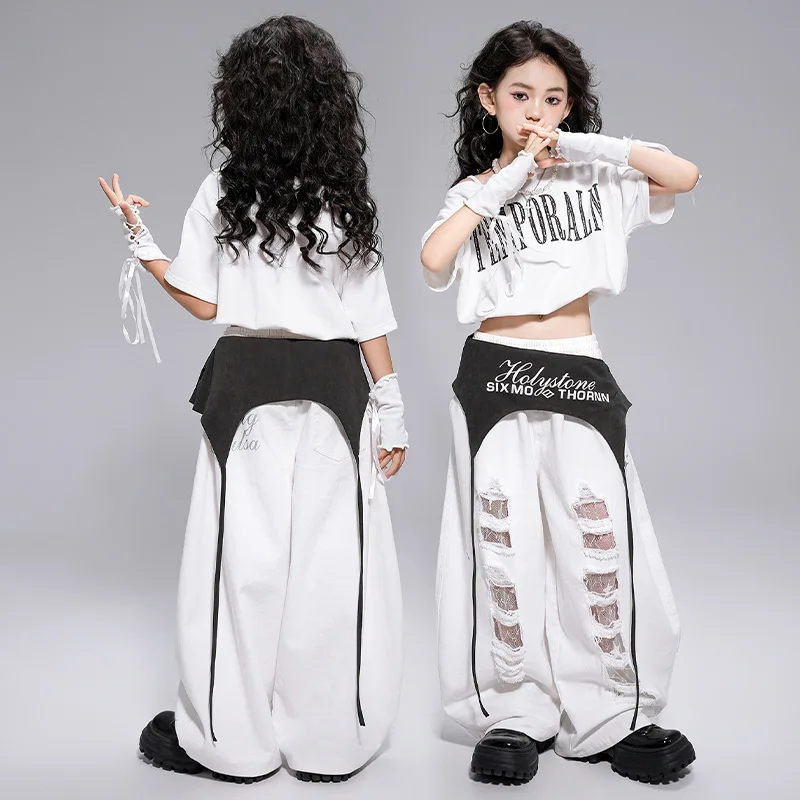 Kid Kpop Hip Hop Clothing White Letters Strap Tank Crop T Shirt Top Casual Distressed Pants for Girl Jazz Dance Costumes Clothes