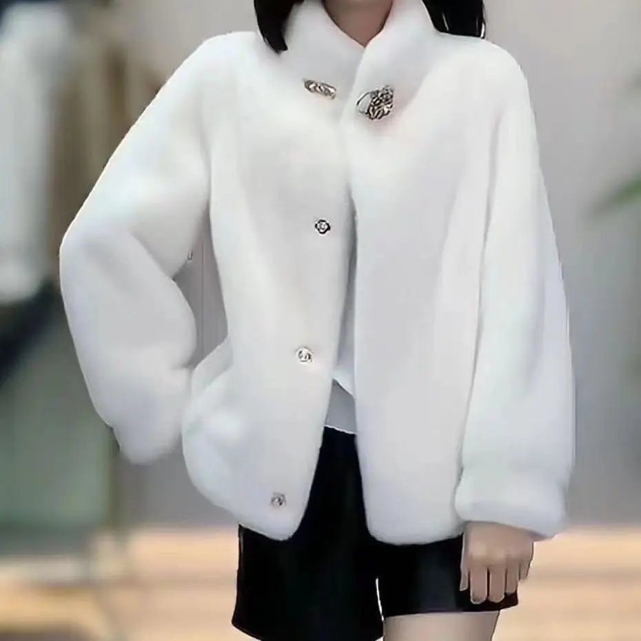 

Womens Short Mink Fur Coat Korean Stand-up Collar Plush Faux Fur Jacket Thickening Outwear For Autumn Winter Leisure Lady's Coat