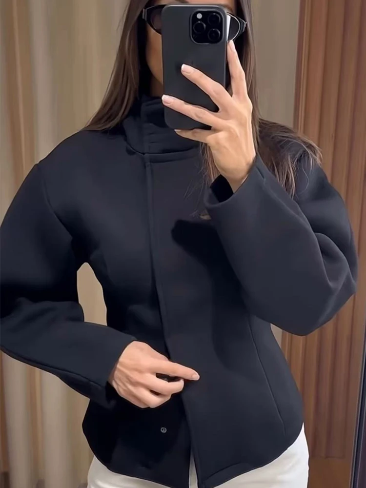 TFMLN Women's Black Jacket Slim Fit Stand Collar Long Sleeve Streetwear Autumn Ladies Fashion New Elegant Commute Outfit