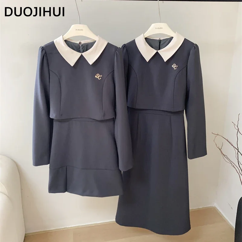 DUOJIHUI Fake Two Piece Contrast Color Elegant Women Skirts Basic A-line Simple Long Sleeve Fashion Zipper Autumn Female Skirts