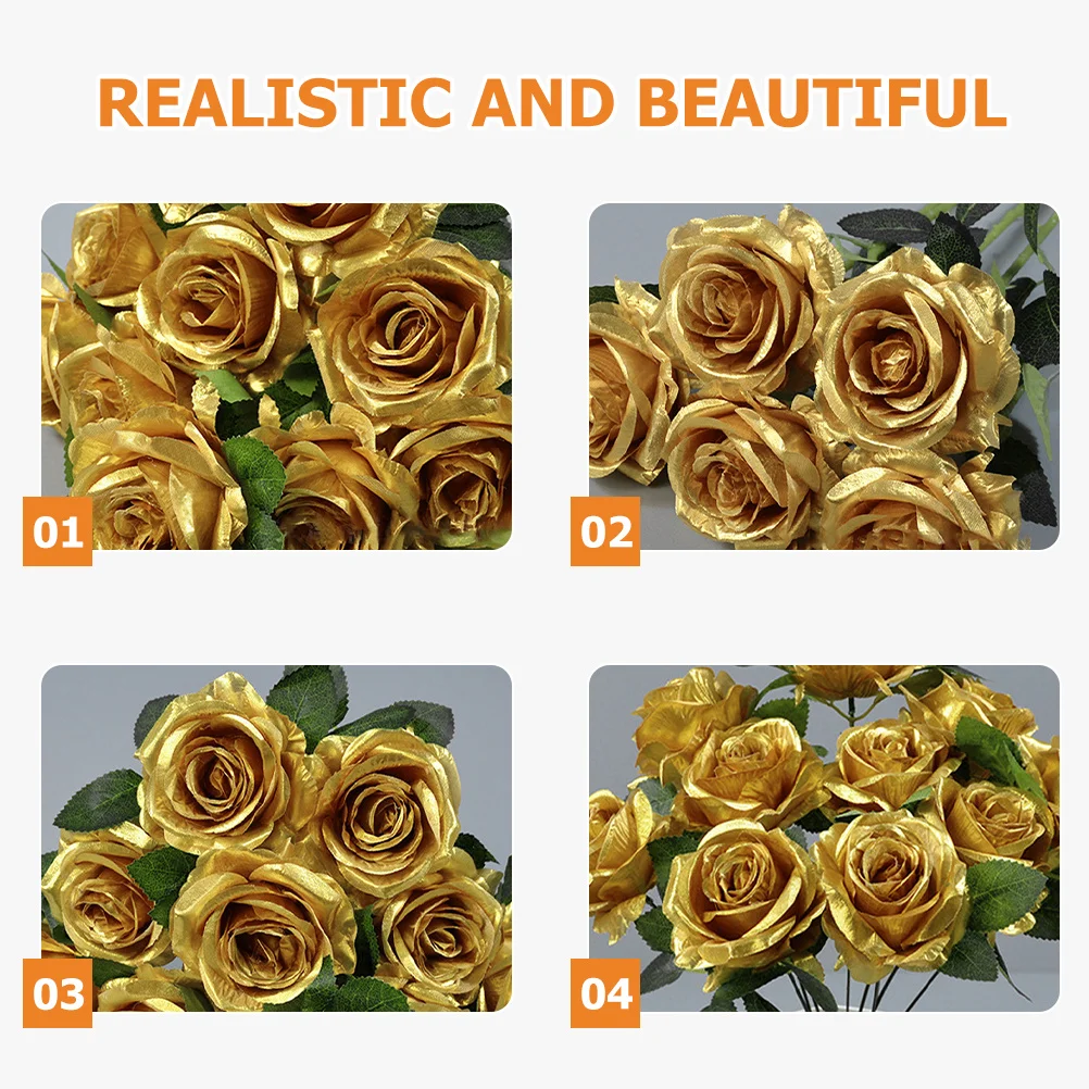 

Artificial Roses 10 Heads Gold Rose Bouquet For Wedding Party Decoration Faux Flowers Arrangements Home Office Decor