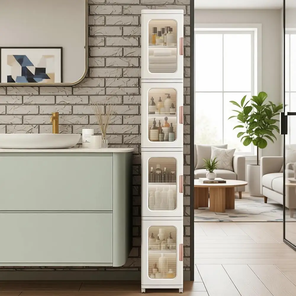 

4-уровневый белый узкий шкаф для хранения на колесиках с регулируемыми полками для организации пространства дома