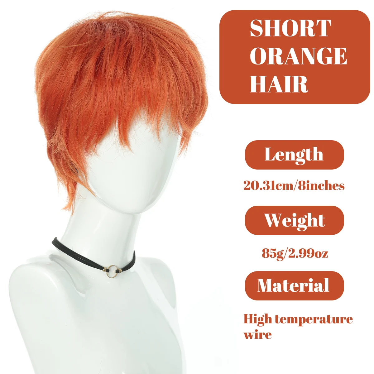 Peruca sintética laranja masculina de 8 polegadas, cabelo curto e liso, estilo coreano, resistente ao calor, peruca bonita