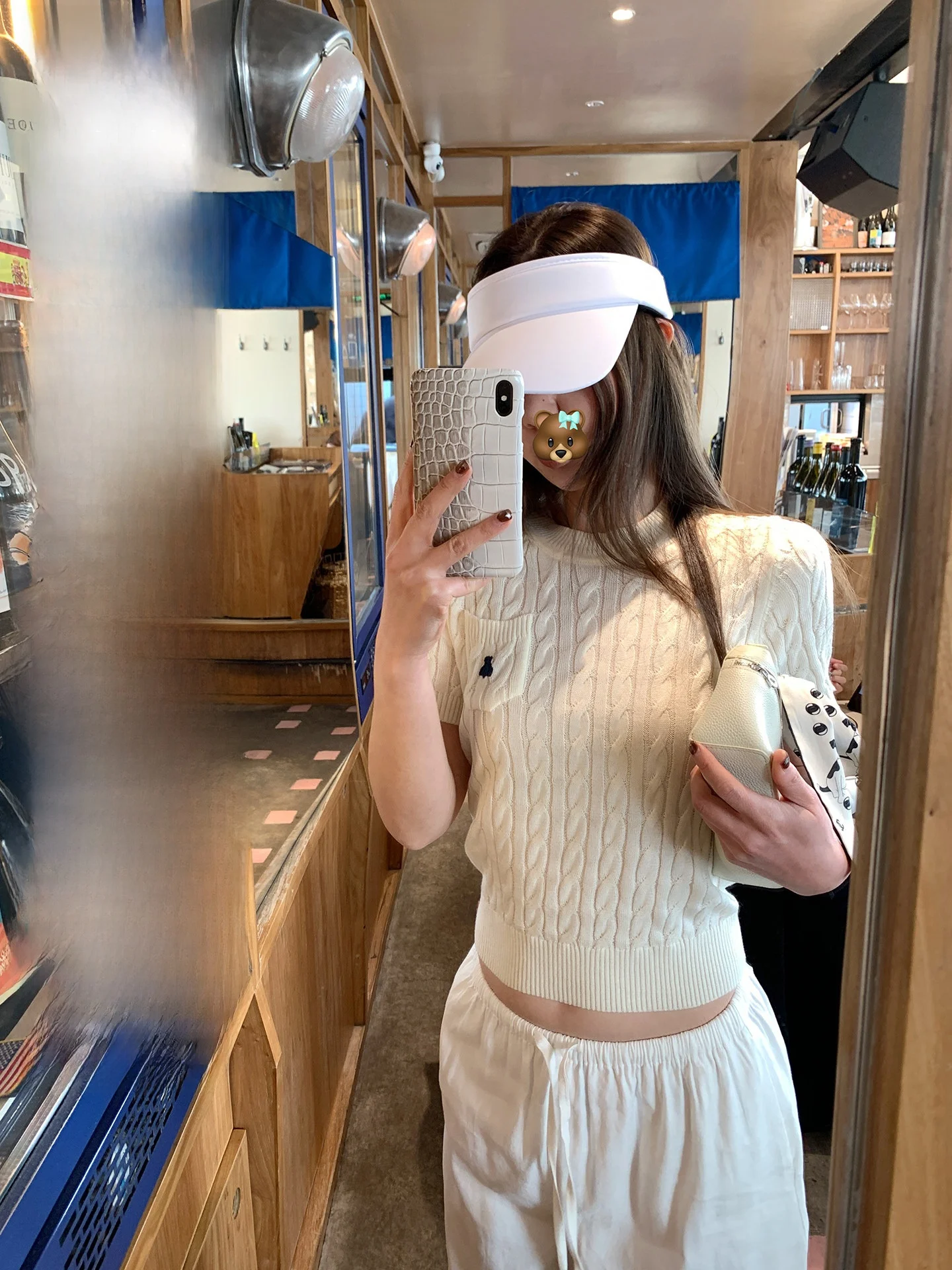 

Синий вязаный свитер с коротким рукавом и карманом в виде медведя, женский, весна-лето, приталенный, с утягивающим эффектом на талии, универсальный топ