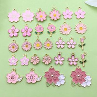 30pcs Pink Enamel Flower Charms Alloy Small Daisies, Cherry Blossoms, Sunflower Pendants For DIY Jewelry Making Accessories