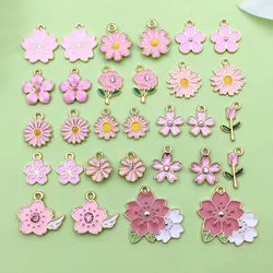 30pcs Pink Enamel Flower Charms Alloy Small Daisies, Cherry Blossoms, Sunflower Pendants For DIY Jewelry Making Accessories