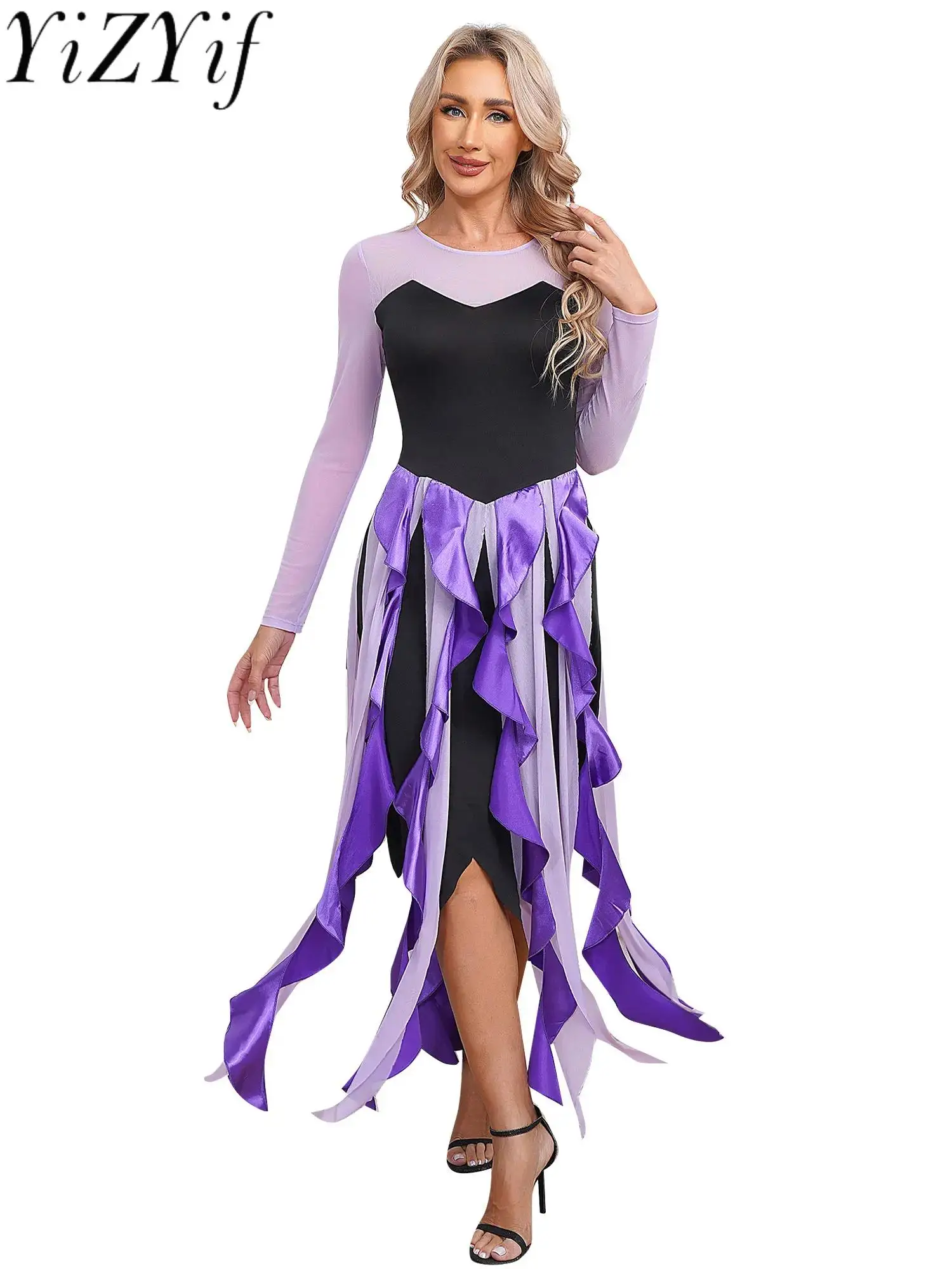 Women Mermaid Sea Witch Cosplay Costume Halloween Theme Party Masquerade Octopus Role Play Clothes Long Sleeve Ruffle Maxi Dress