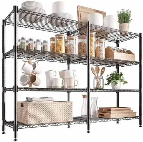 4-Tier Adjustable Metal Storage Shelves, Space-Saving Corner Rack for Kitchen, Pantry, Office, Garage, Books & Plants