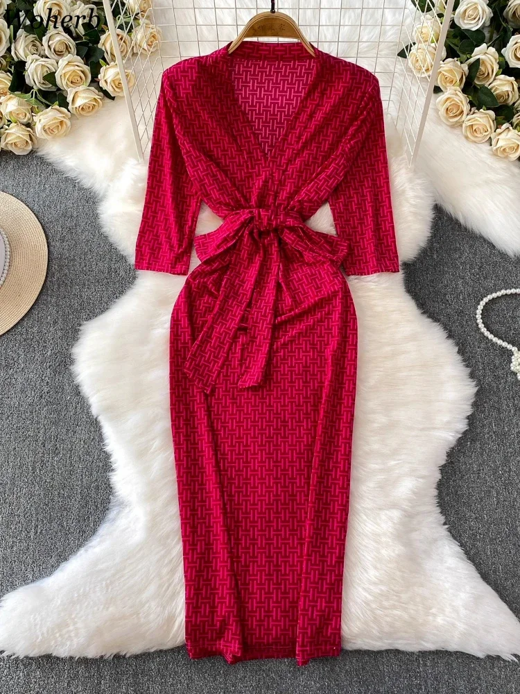 Nuevos Vestidos estampados con cuello en V para Mujer, bata ceñida De cintura alta para Mujer, Vestidos De Mujer 2025, vestido Sexy De otoño con temperamento Vintage