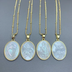 New Natural White Sea Shell Sacred Heart Virgin Jesus Medal Pendant Necklace Chokers Neck For Women Religious Jewelry Gifts