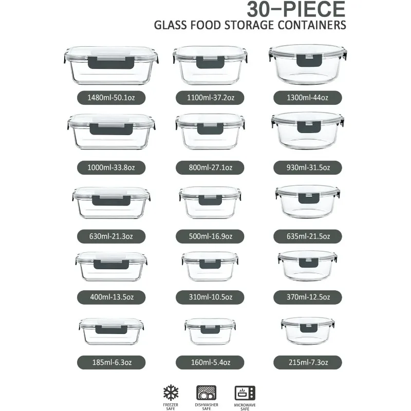 30 Pieces Glass Food Storage Containers with Snap Locking Lids,Glass Meal Prep Containers Set - Airtight Lunch Containers