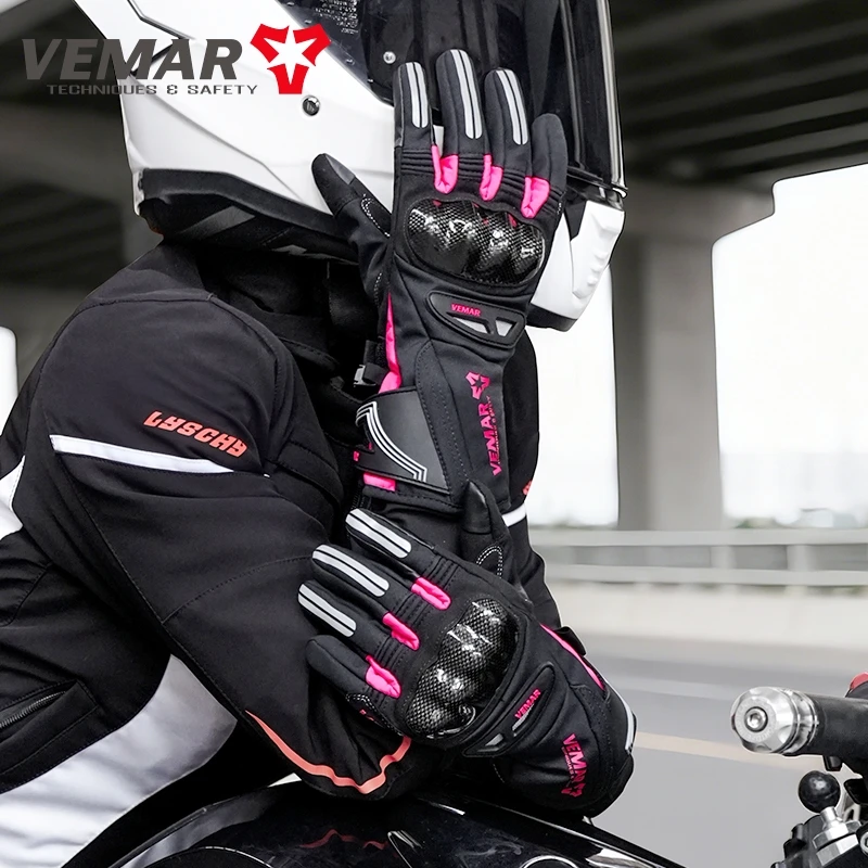 

VEMAR Women Cold Weather Motorcycle Gloves, Lady Pink Winter Warm Windproof Waterproof Motorbike Gloves with Anti-Slip Palm