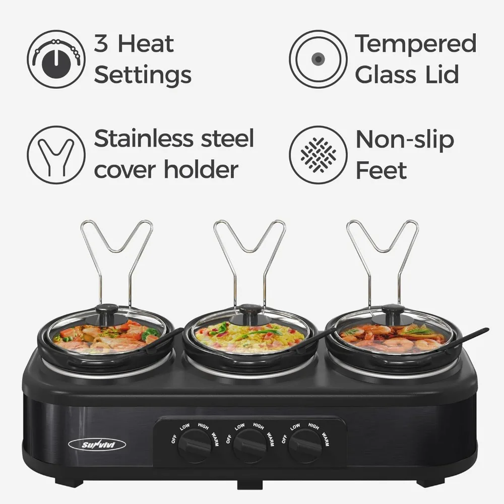 Pequeno mini fogão lento manual com temperatura ajustável, Tampa de aço inoxidável, Panela cerâmica removível, 3 pote, 4,5 QT, preto