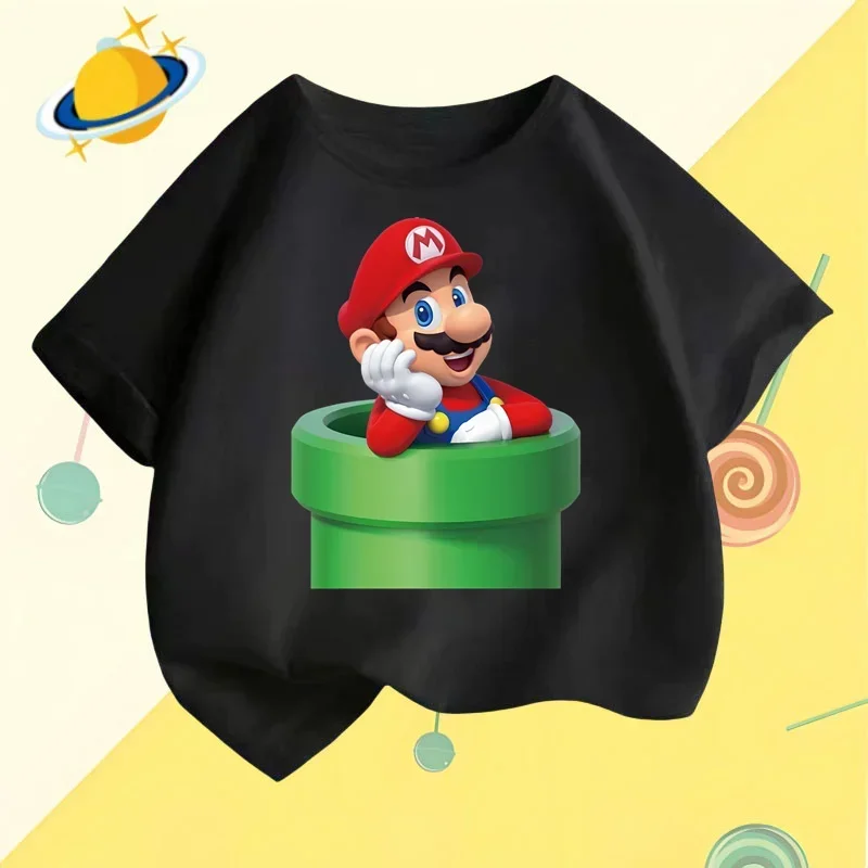 2024 Summer Cotton T-shirt Casual Sunshine Boys Girls Crewneck top Harajuku Super Mario Games Lively cute kids Brother clothing