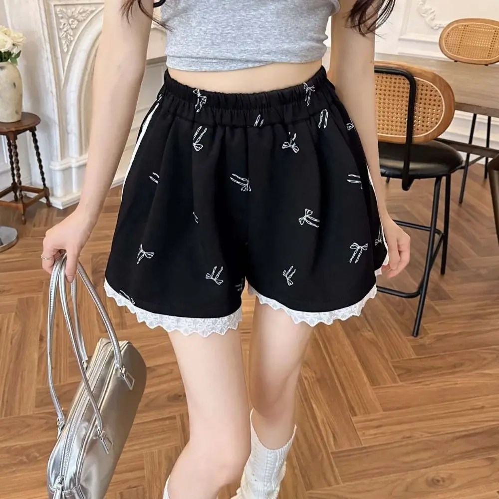 Soft High Waist Y2K Shorts Women Wide Leg Elastic Lace Bowknot Shorts with Pockets Loose Mini Short Pants Sports