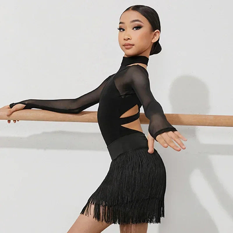 

Black Latin Dance Clothing Jumpsuit Girls Long Sleeves Leotard Latin Tops Ballroom Dance Performance Wear Cha Cha Bodysuit Child