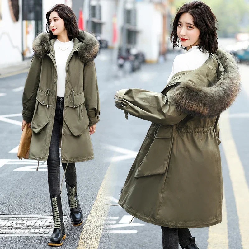 

New Winter Thicken Cotton Padded Quilted Jackets Women Korean Fashion Big Pockets Outwear Fur Collar Hooded Parka Coats Women