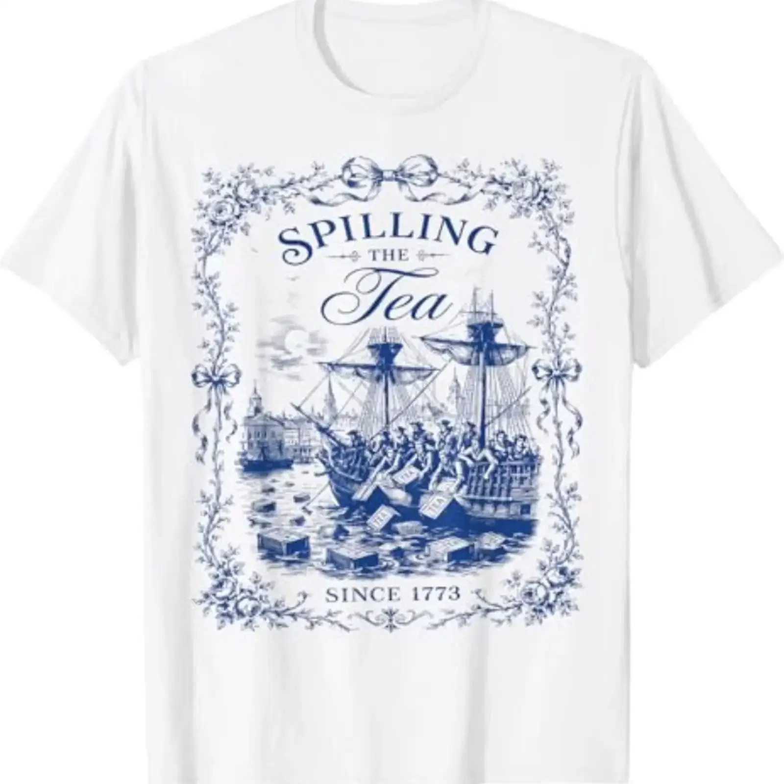 Blue Toile Tea Party Spilling The Since 1773 Patriotic T Shirt vintage Washed streetwear Unisex Breathable Stretched