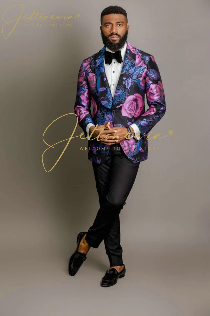 

2023 Latest Coat Pant Designs Tailor-made Costume Homme Purple Floral Slim Fit Men Tuxedo 2 Pieces Dinner Party Wedding Men Suit