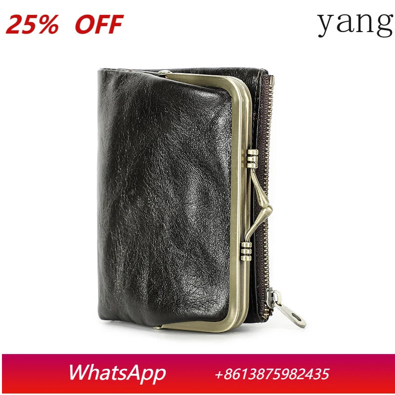 Genuine Leather Wallet Women Small Metal Frame Purse Ladies Hasp and Zipper Coin Pocket Credit Card Holder