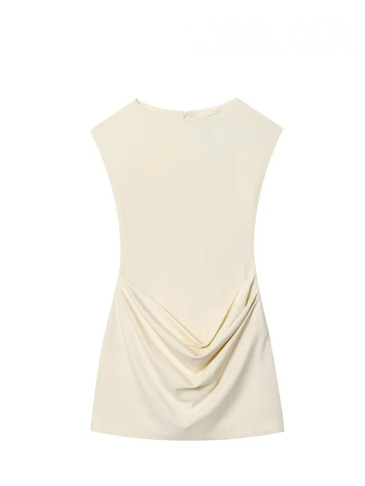 HH Frau Sommer Neue Mode Chic Kleider Solide Oansatz Ärmellose Falten Dekoration Zipper Weibliche Sexy Dünne Mini Kleid