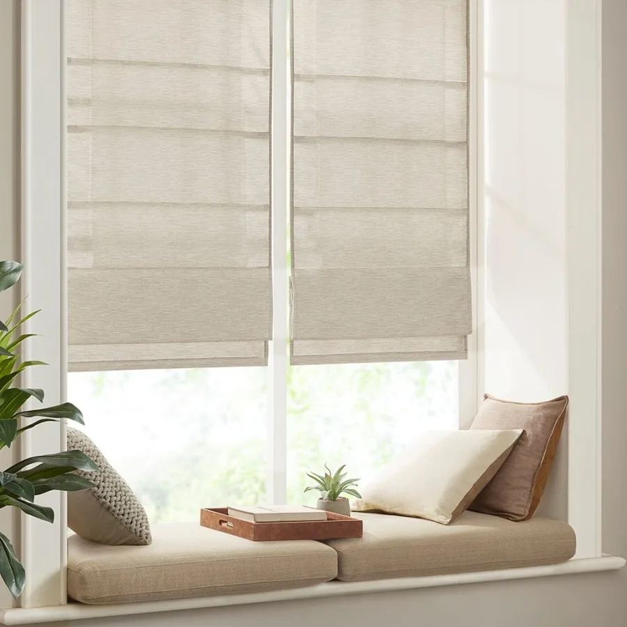 

Room darkening cordless Roman shade for living room, faux silk material, beige color, wrinkle-resistant and light-blocking