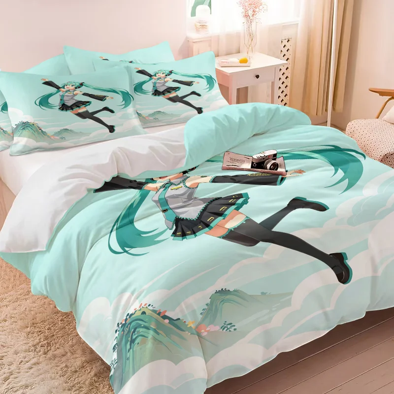初音ミク風景布団カバーセットかわいいアニメ寝具1-2枚の枕カバー付きゲームルームティーンガールズ寝室装飾ファンギフト