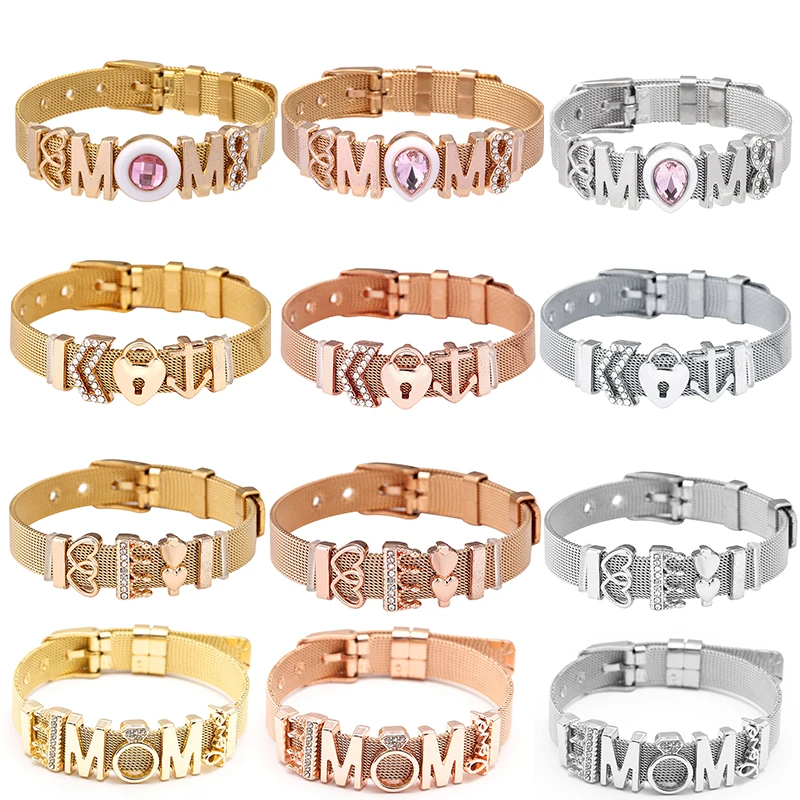10MM Endless LOVE MOM Slide Charm Mesh Bracelets Set Child Keeper Bracelets Bangles Stianless Steel For Woman Gift