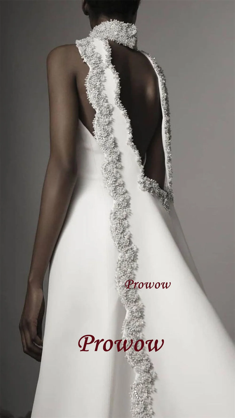 Prowow Luxury Beading A Line Wedding Dresses with Scarf Train High Neck Bridal Gowns Customized Sweep Train Zip Back