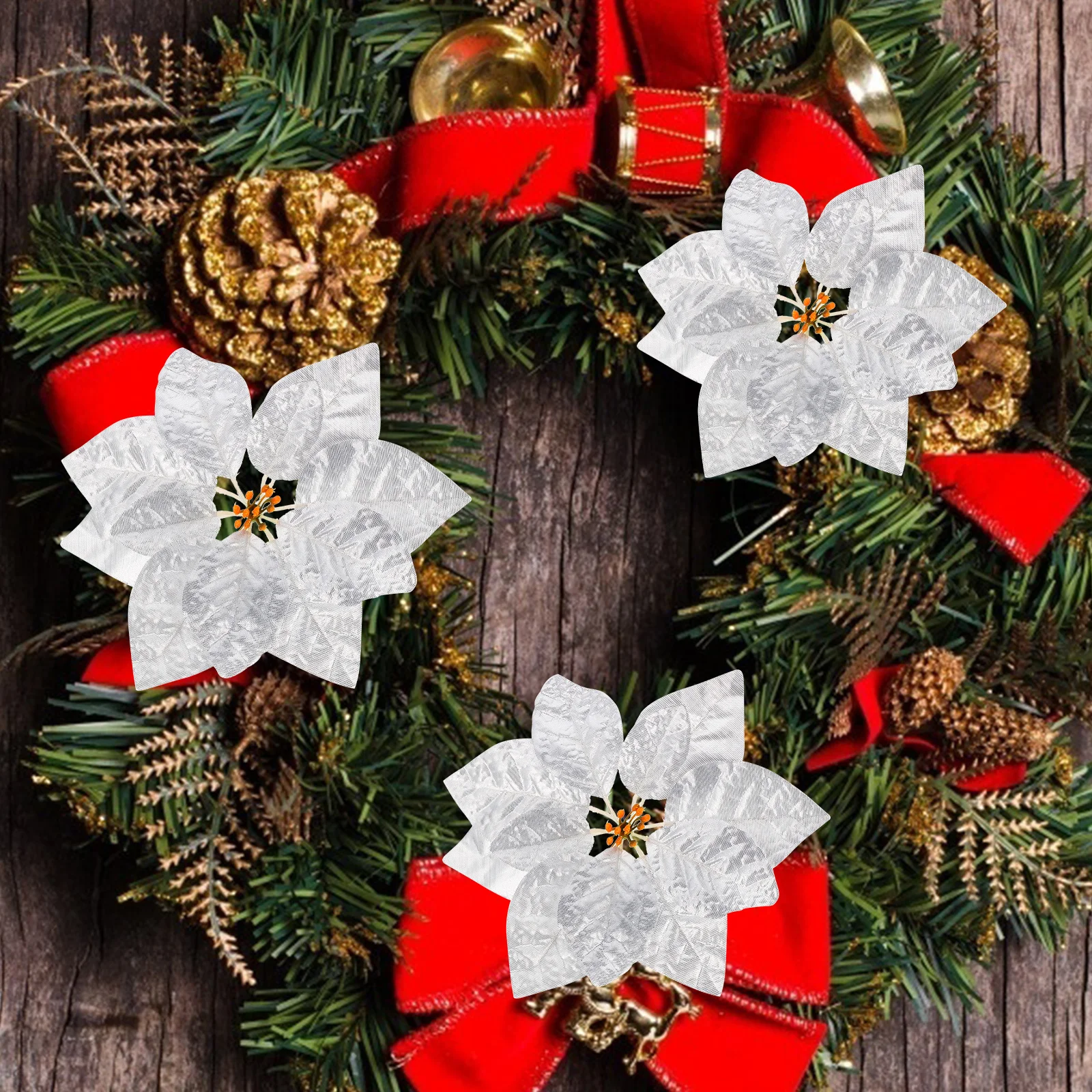 

28pcs Xmas Artificial Poinsettia Flowers Fake Christmas Flower Decorations For Tree Wreath Vase Party Glitter Reusable Bright