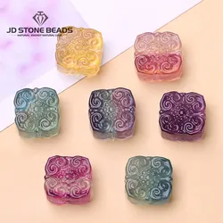 10 Pcs/lot Natural Fluorite Stone Carved Wealth Square Shape Bead With Hole Colorfu Crystal For Jewelry Making Diy Accessory