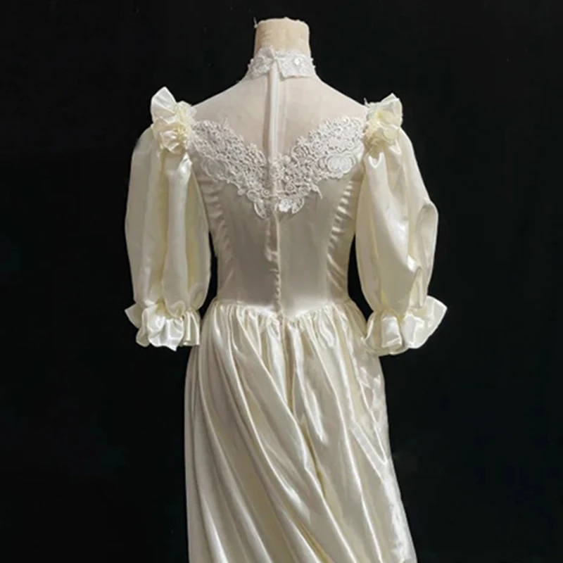 AnXin SH-Robe de mariée en dentelle de satin champagne vintage, manches courtes bouffantes, perles de perles, nœud de princesse, antique, personnalisée