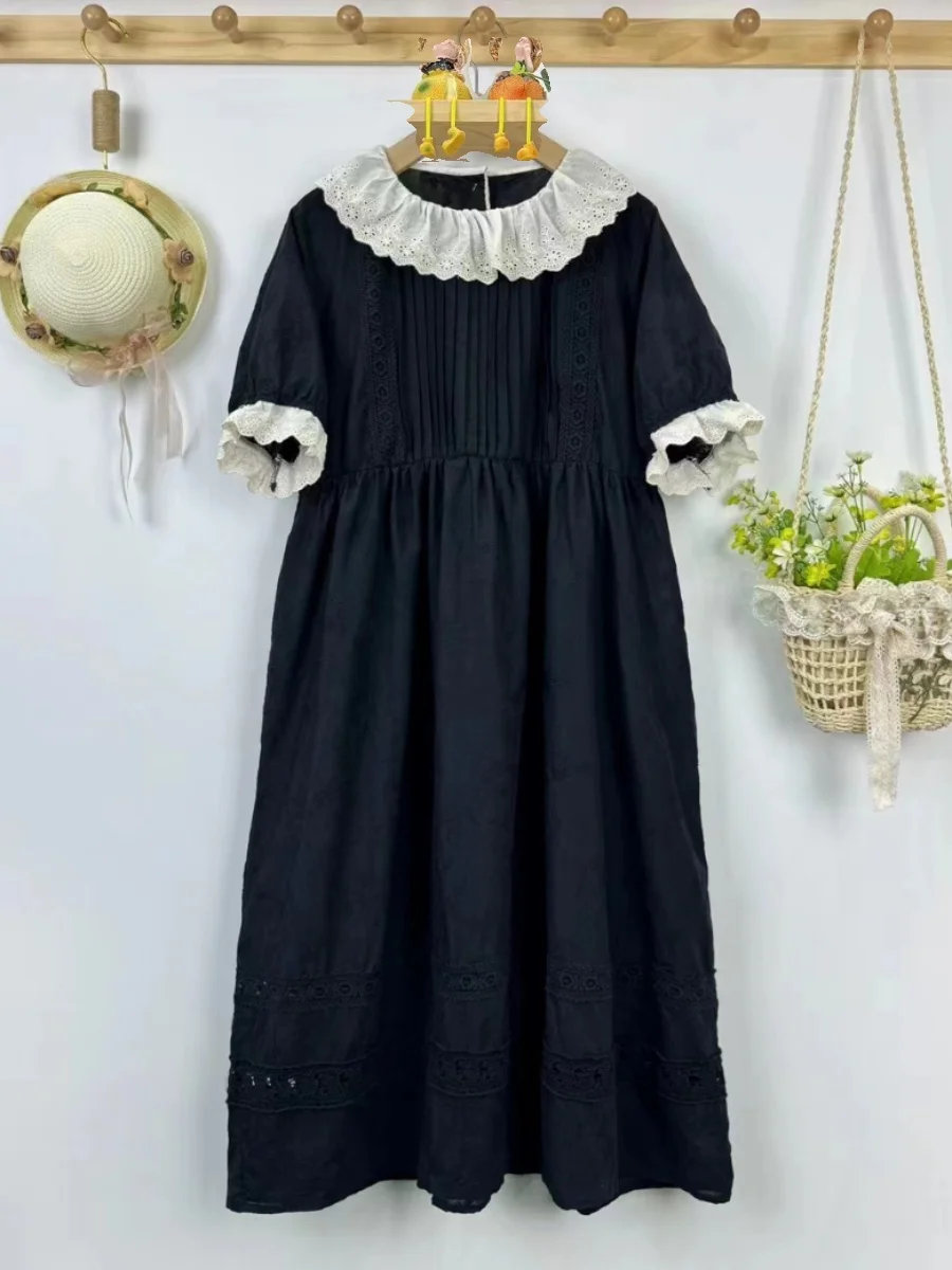 Summer Sweet Solid Color Hollow out Embroidered Dress Women Short Sleeve Casual Pleated Midi Dress