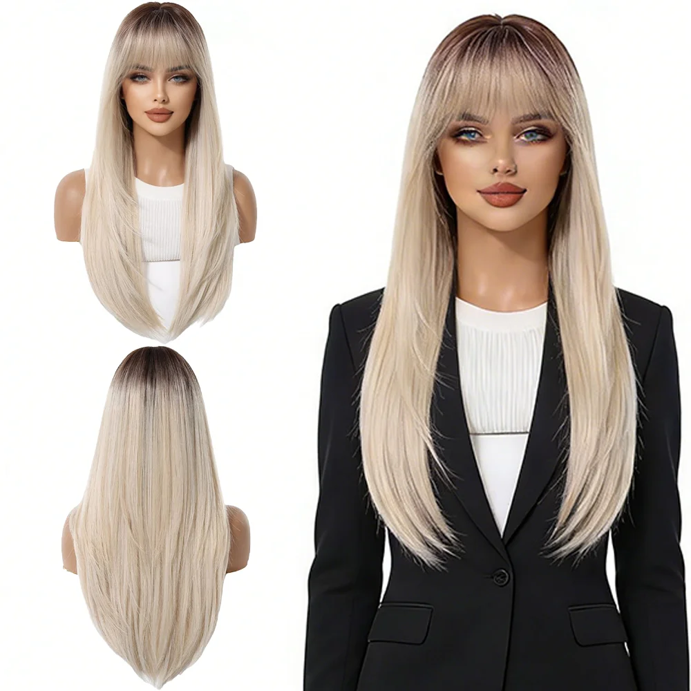 Ombre Platinum Blonde Long Straight Wig With Bangs Dark Roots Heat Resistant Fiber Natural Wigs For Women Daily Wear Party
