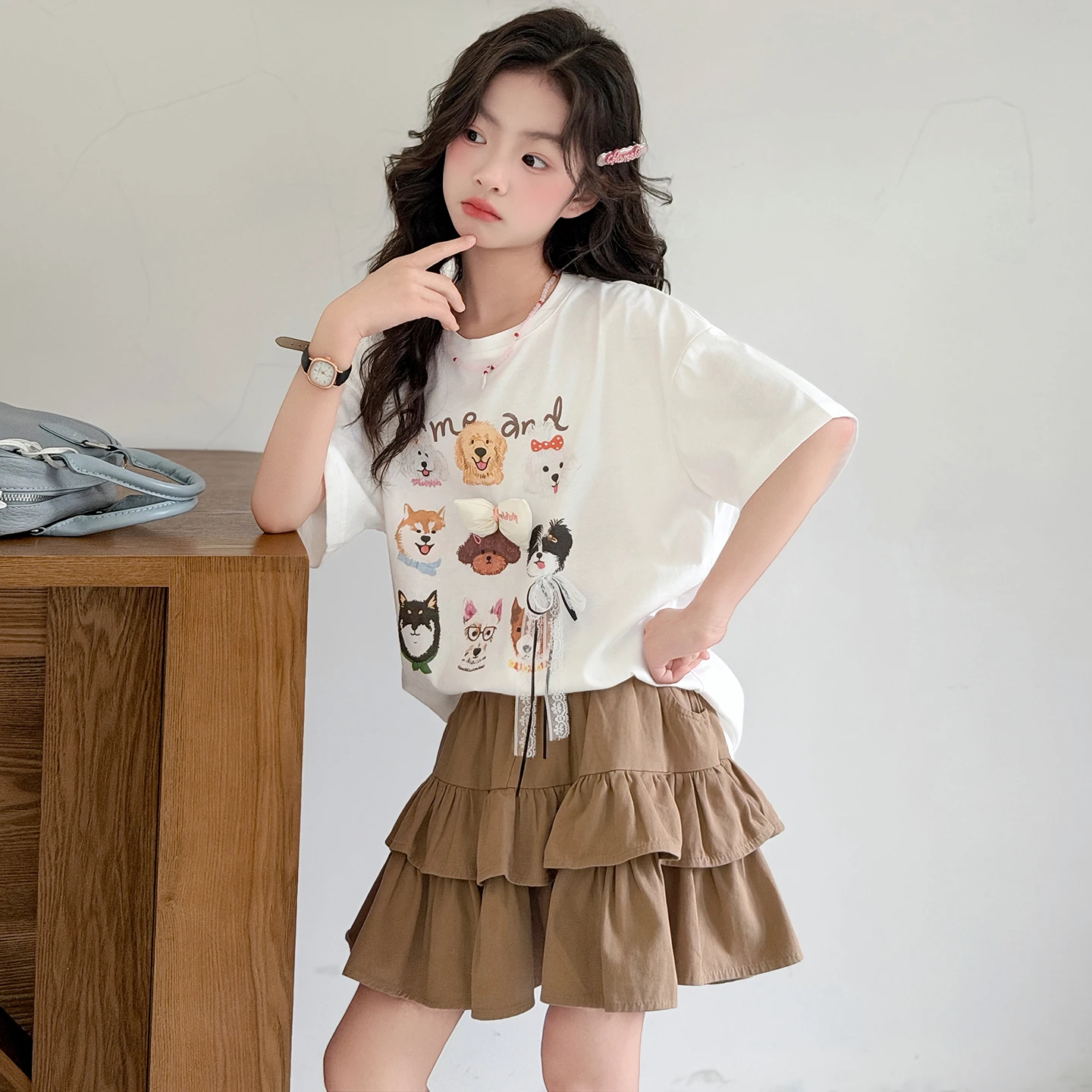 Fashion Girls Summer Sets Short Sleeve T-shirt Cartoon Dog Tee Top Cake Skirt 2 Piece Outfit Sweet Style Cute Pupil Kids Clothes